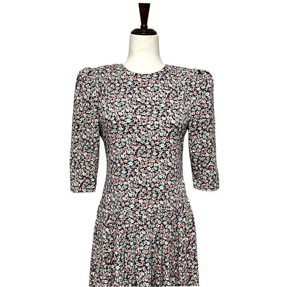Paquette Petite Vintage 80s Puff Sleeve Ditsy Floral Midi Dress Size 10P - Picture 3 of 13